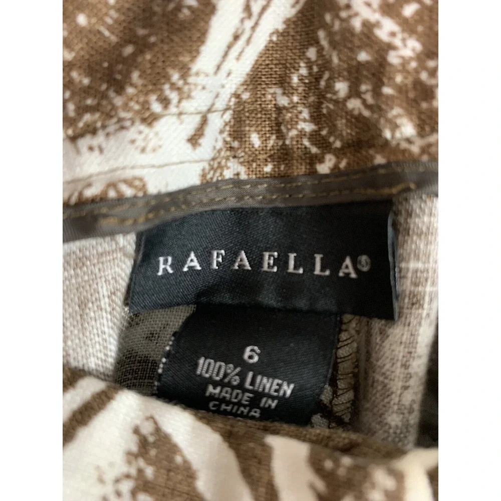 Rafaella Pants Womens 6 Brown White 100% Linen Leaf Print Straight Leg Trousers‎